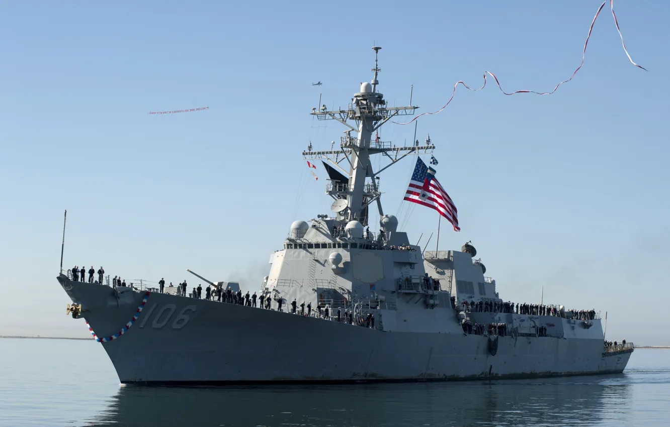 Photo wallpaper USA, sea, ocean, cloud, heaven, flag, Destroyer, aircraft carrier