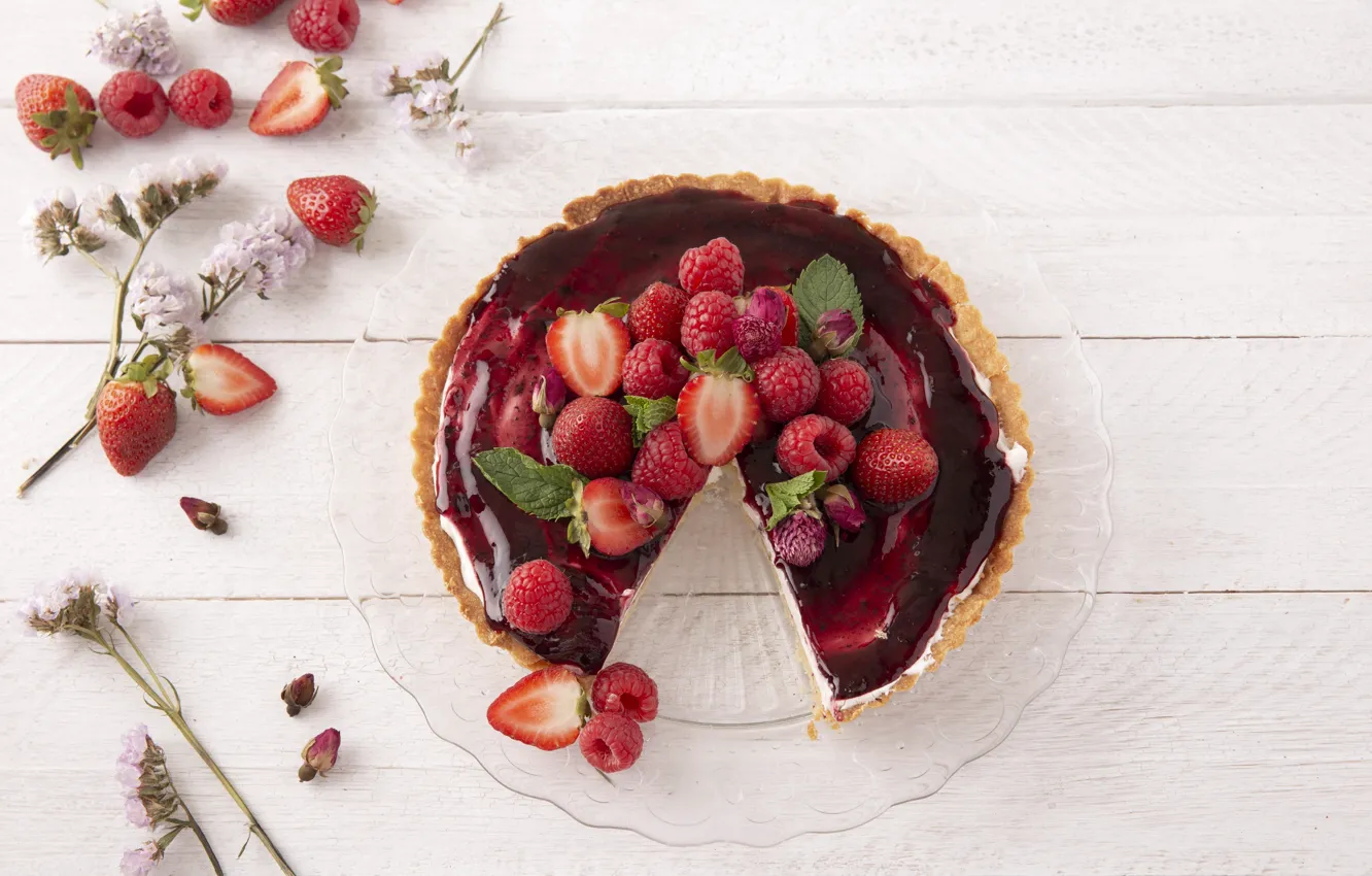 Photo wallpaper flowers, berries, raspberry, Board, strawberry, pie, cake, mint
