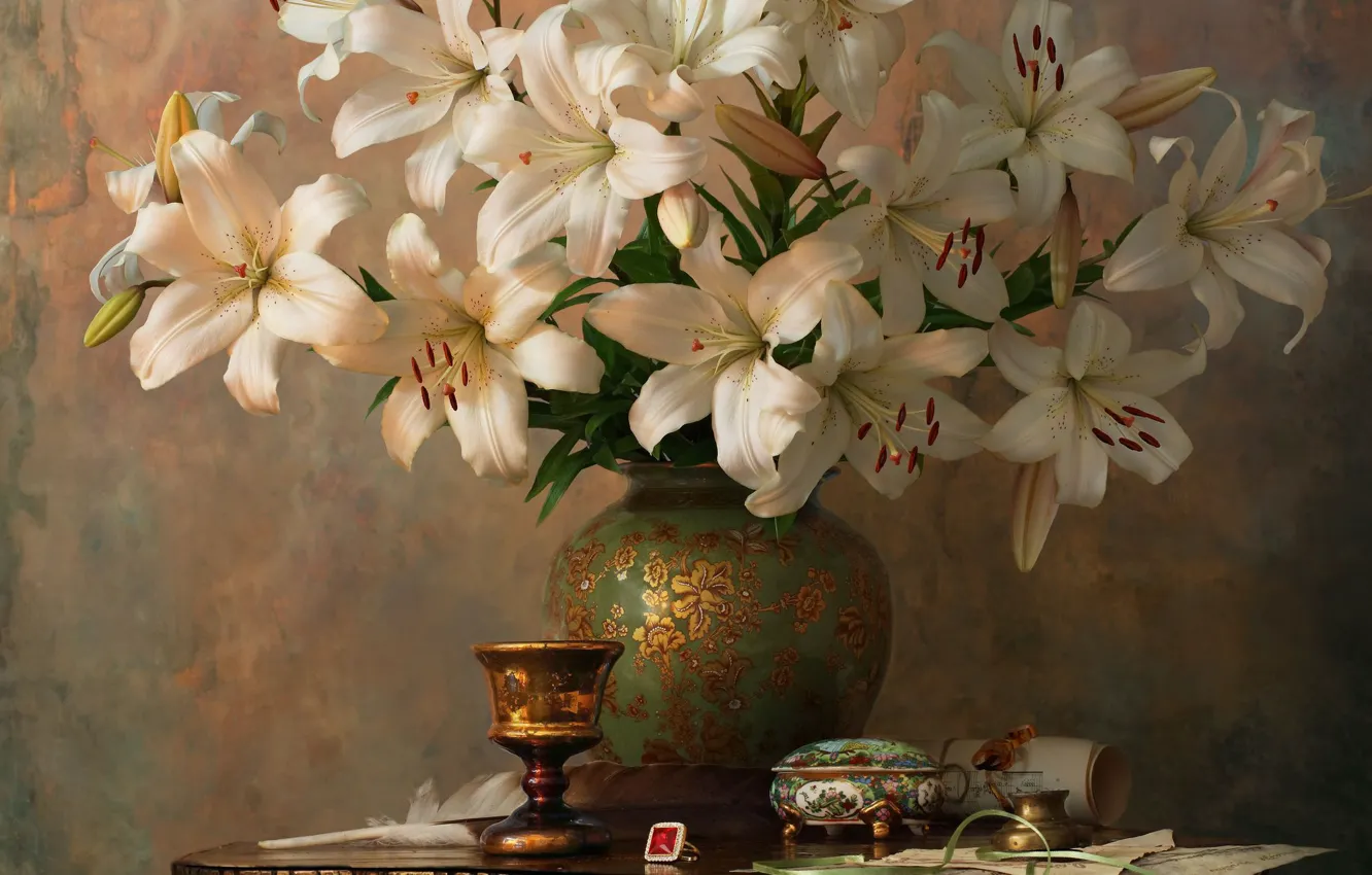 Photo wallpaper letter, flowers, style, background, Lily, glass, bouquet, ring