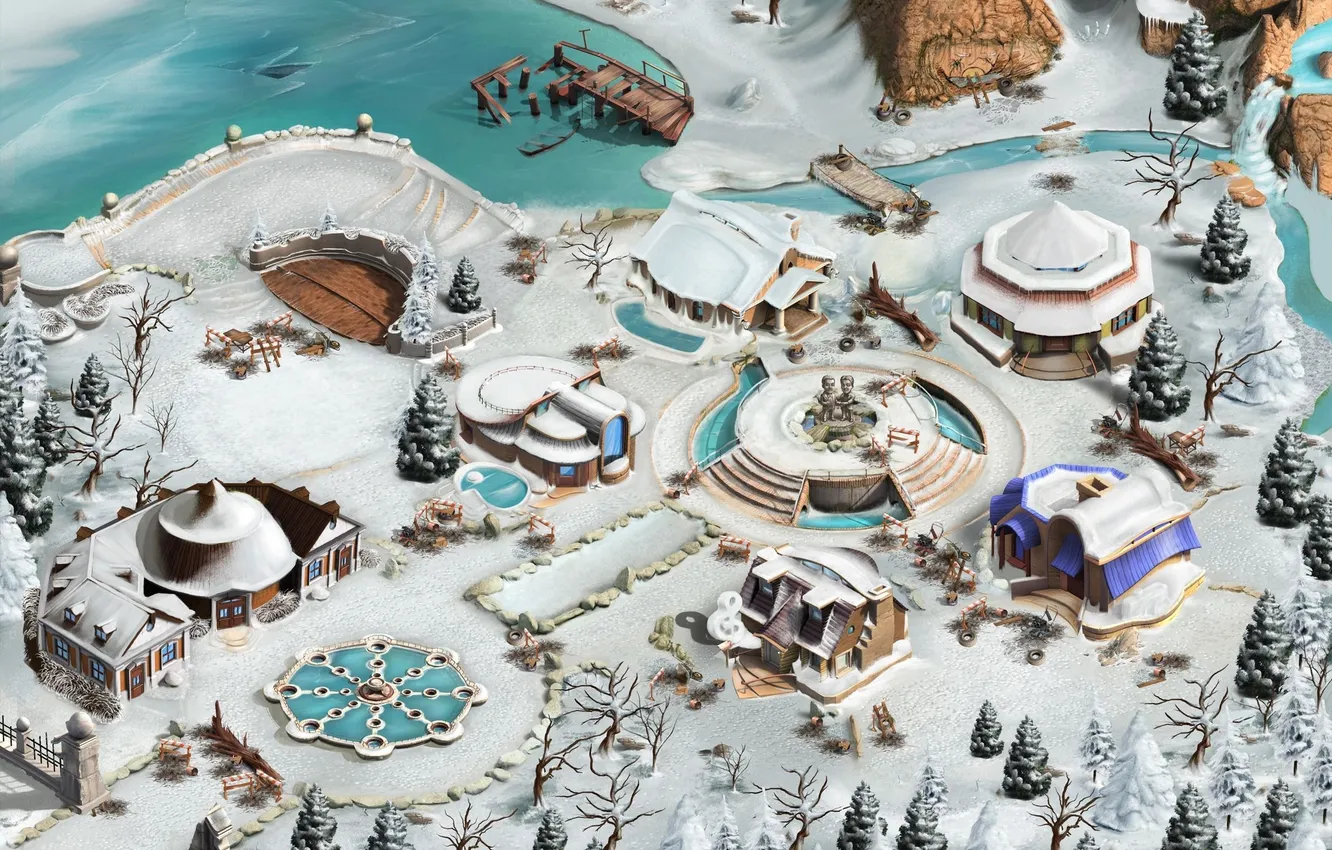 Photo wallpaper winter, nature, house, settlement