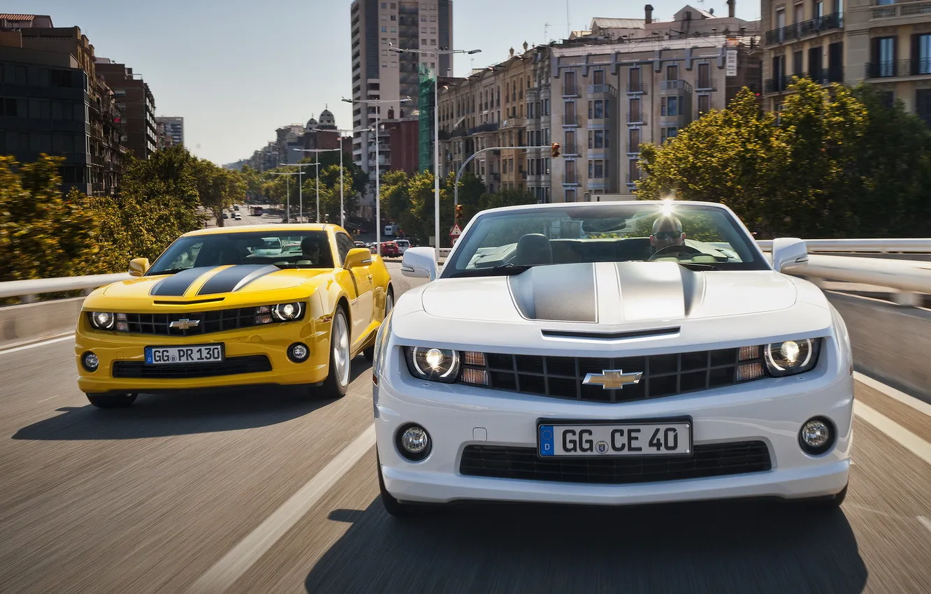 Photo wallpaper white, yellow, the city, building, Chevrolet, Camaro, white, convertible