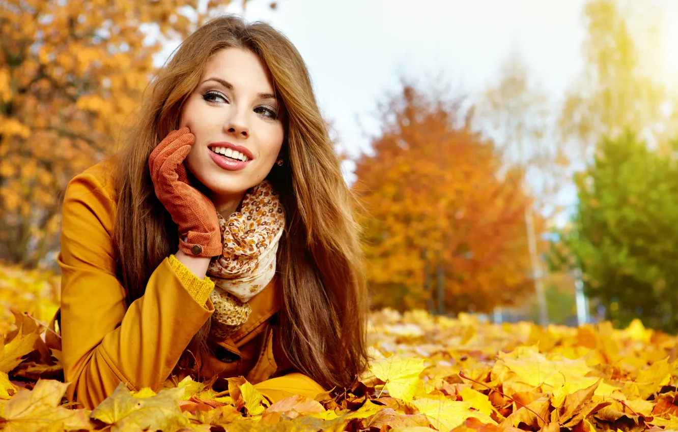 Photo wallpaper autumn, forest, look, girl, smile, foliage, scarf, gloves