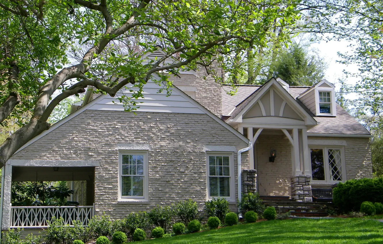 Photo wallpaper greens, grass, leaves, trees, branches, design, home, mansion