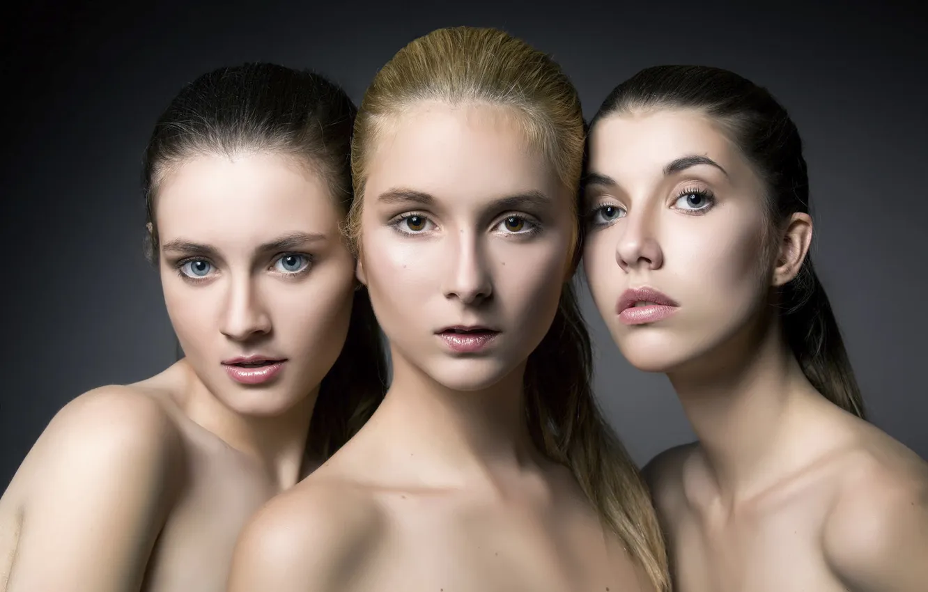 Photo wallpaper makeup, three girls, retouching, Triple beauty