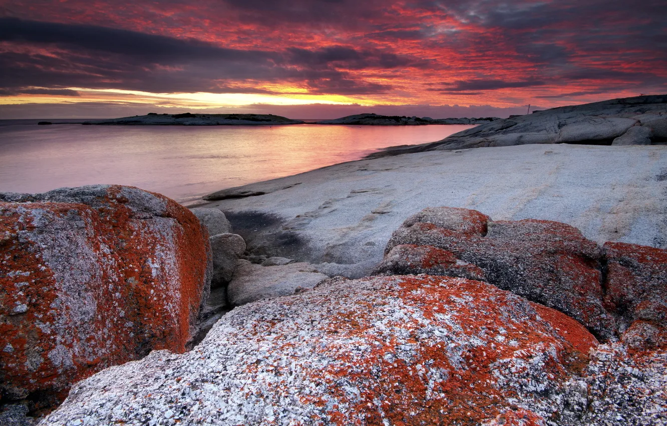 Photo wallpaper sea, landscape, sunset, stones