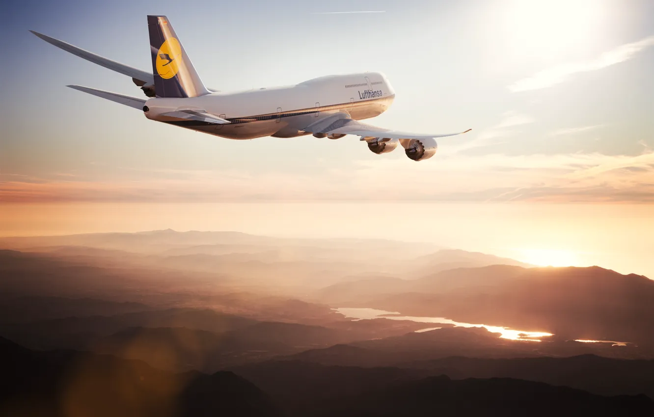 Photo wallpaper The sun, The sky, The plane, Liner, Board, Boeing, 747, Lufthansa