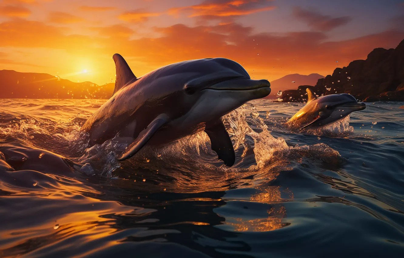 Photo wallpaper Sea, Mountains, Jump, Dawn, Two, Dolphins, Digital art, AI art