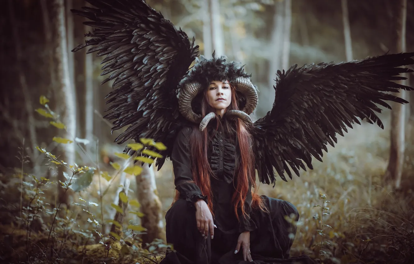 Photo wallpaper look, girl, black, woman, portrait, wings, angel, the demon