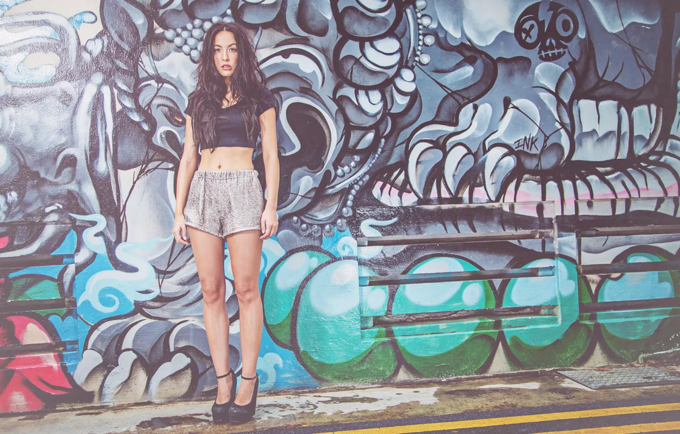 Photo wallpaper girl, graffiti, shorts, woman, beautiful, view, hair, Mike