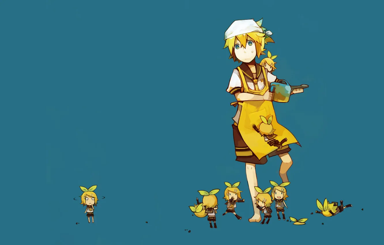 Photo wallpaper len, two, Vocaloid, blue background, Rin