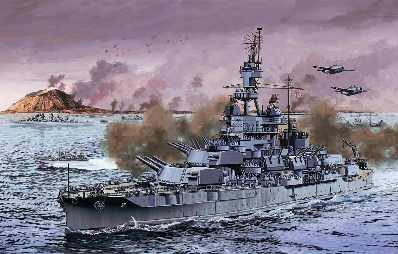 Photo wallpaper ship, Navy, the battle, American, battleship, WW2, art., PA