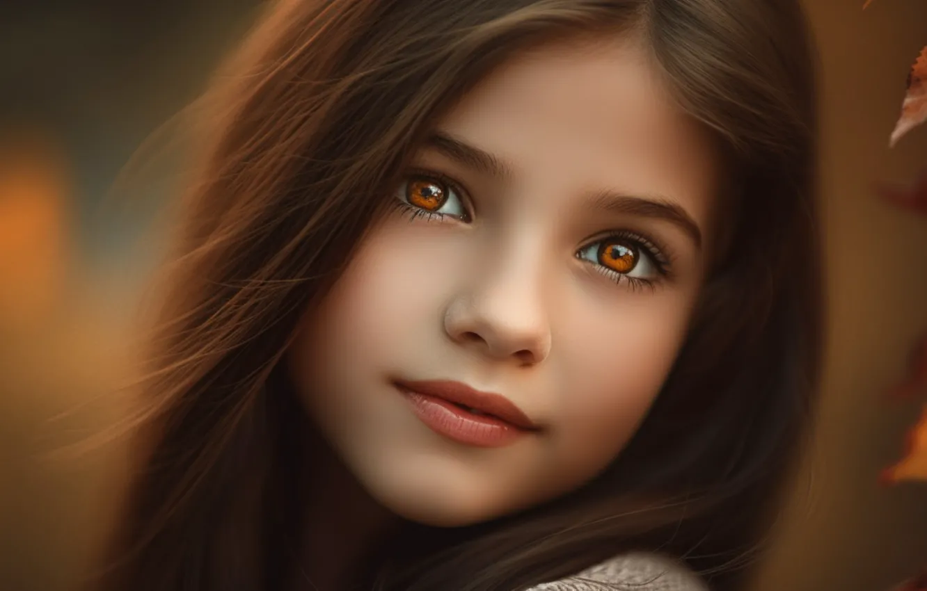 Photo wallpaper autumn, look, leaves, nature, smile, portrait, girl, brown hair