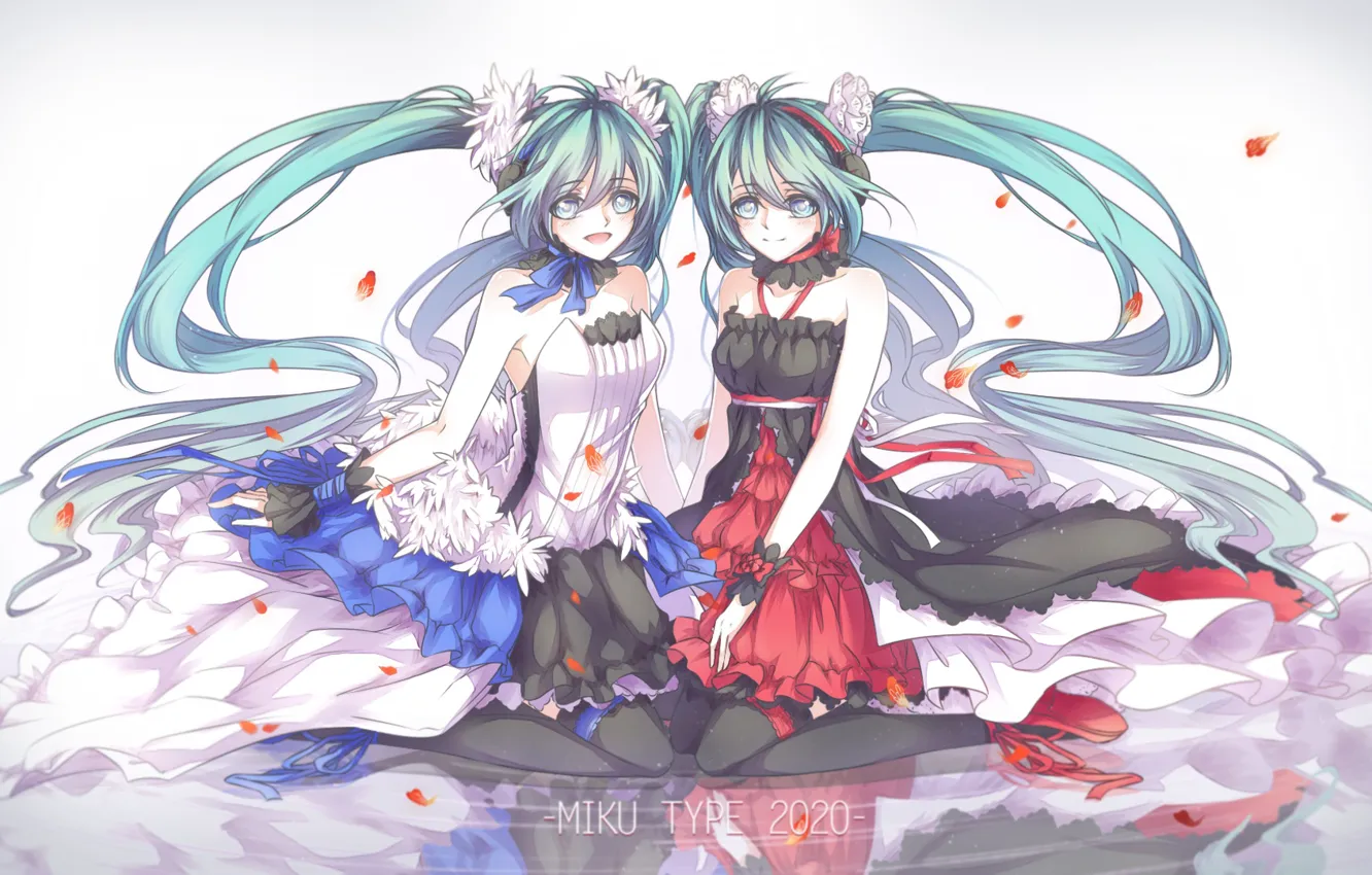 Photo wallpaper water, reflection, girls, anime, petals, art, vocaloid, hatsune miku