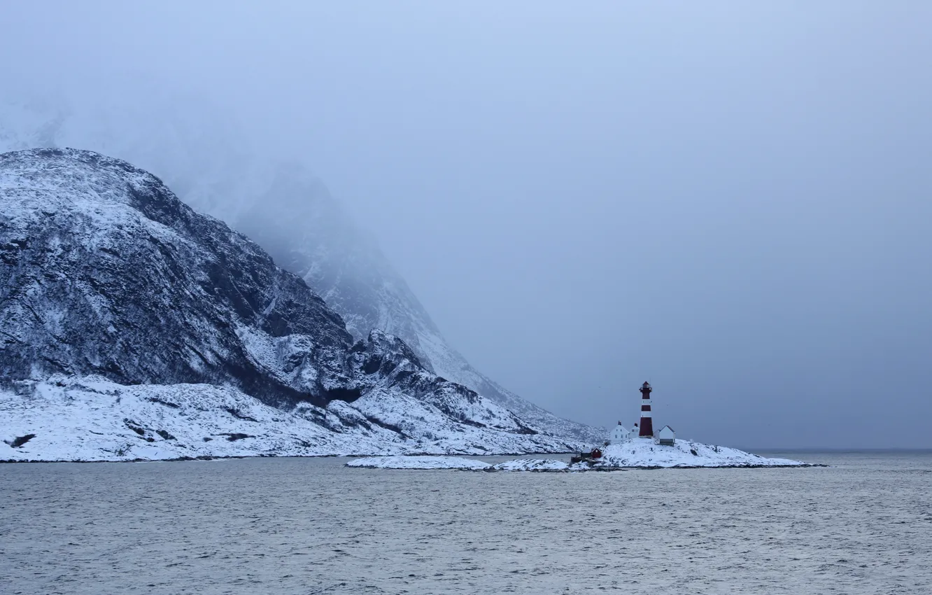 Photo wallpaper winter, mountains, snow, lighthouse, bay, foggy, islet, cove