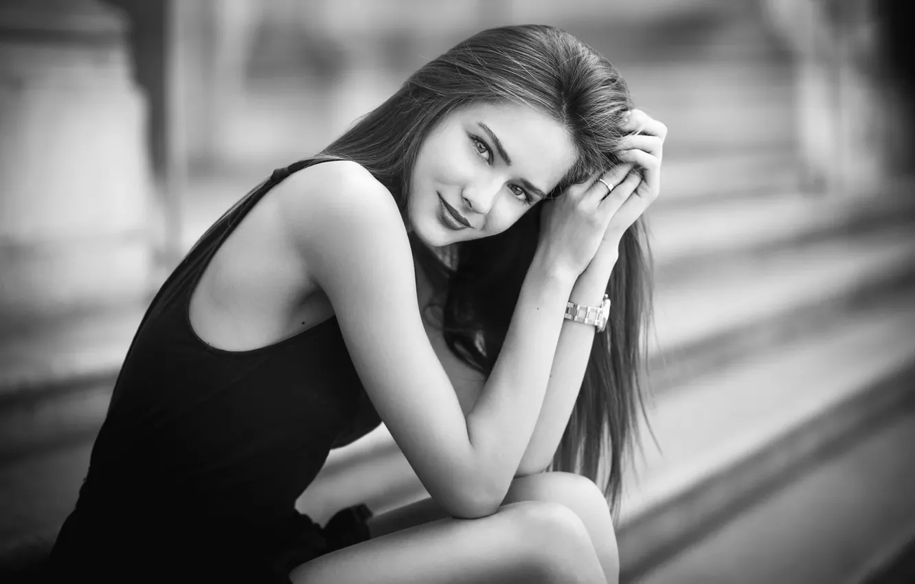 Photo wallpaper girl, smile, portrait, b/W, Raluca, Luke Foscili