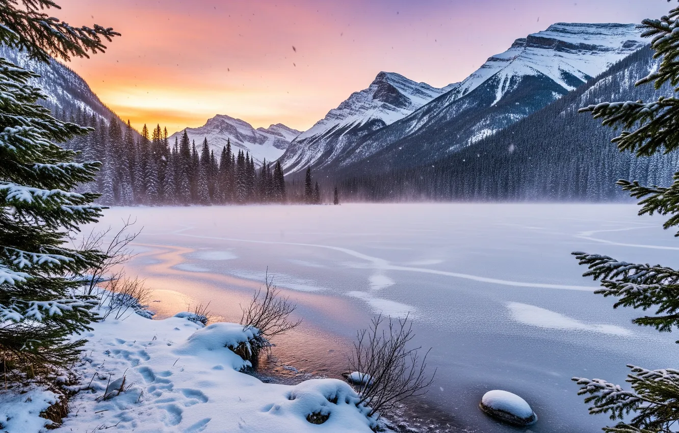 Photo wallpaper trees, sunset, mountains, lake, shore, ice