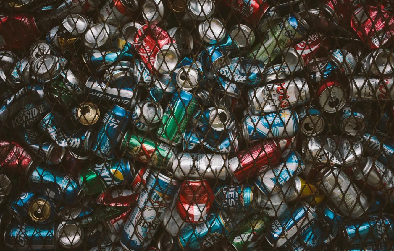 Photo wallpaper brands, old, fence, beer, cans, recycle, aluminium, soda