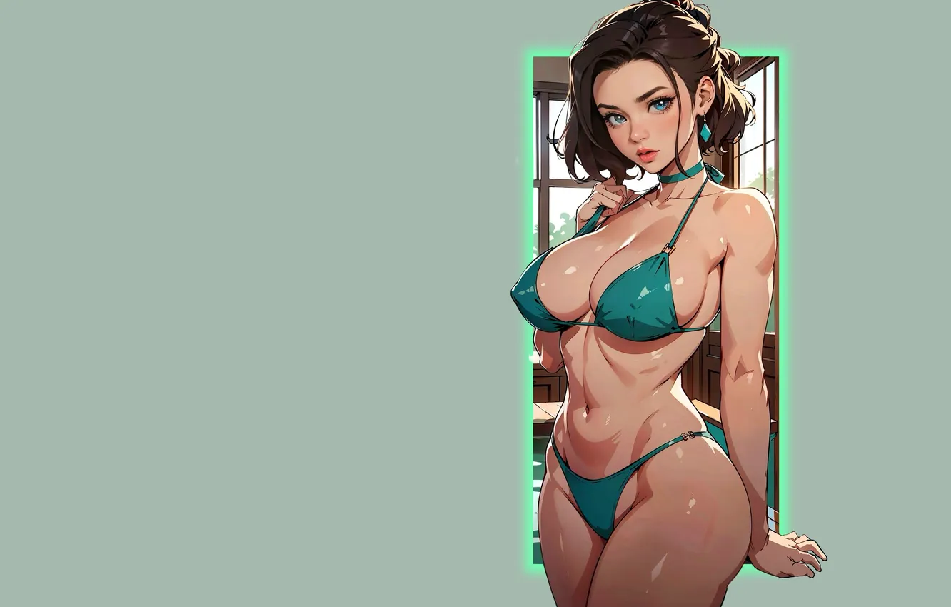 Photo wallpaper green, girl, hot, sexy, nipples, boobs, anime, pretty