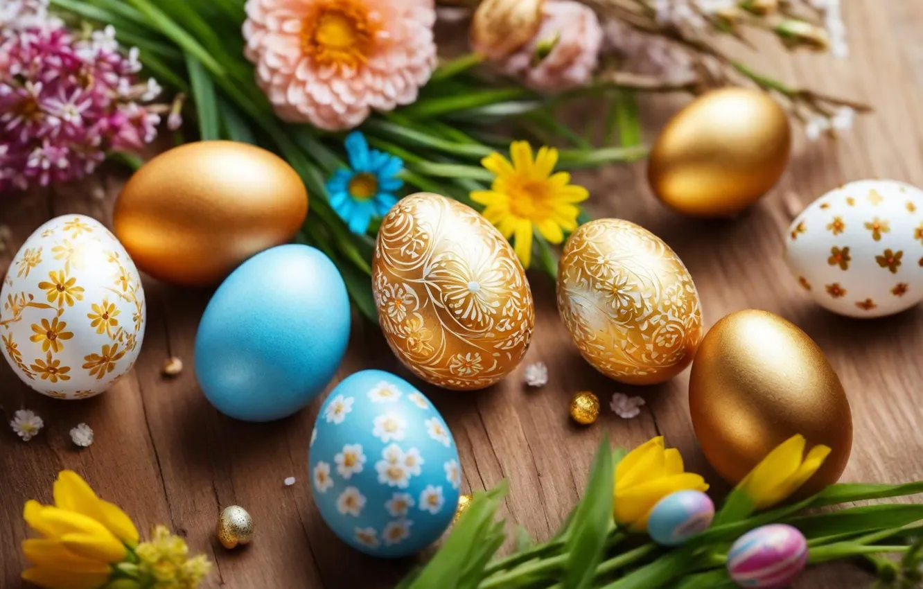 Photo wallpaper flowers, eggs, spring, colorful, Easter, flowers, spring, Easter
