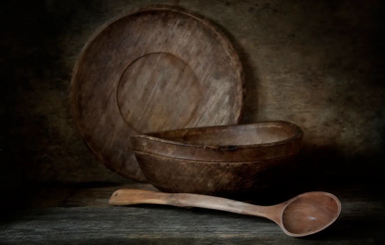 Photo wallpaper trees, dishes, utensils, Wooden-Still-Life