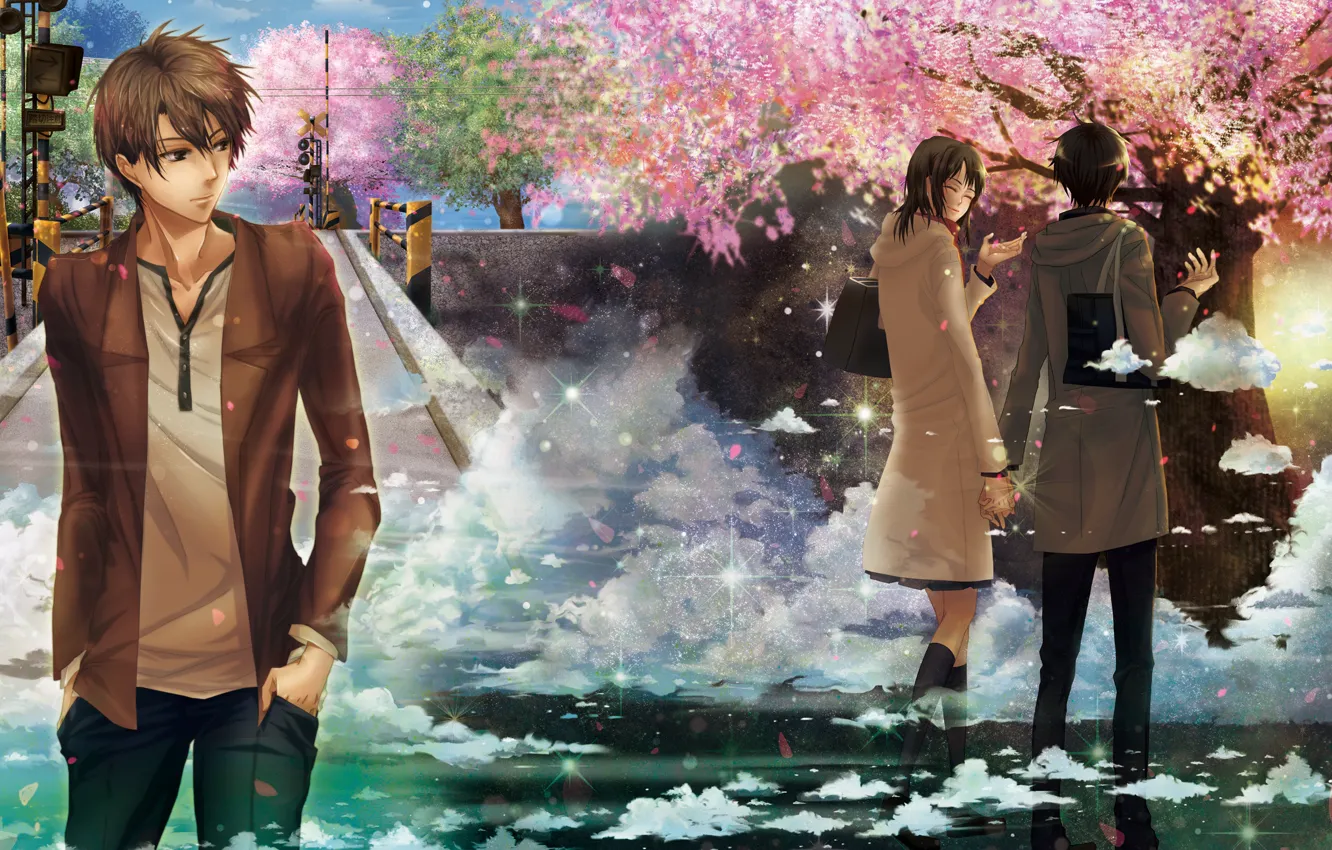 Photo wallpaper girl, clouds, the city, rendering, Sakura, art, guy, 5 centimeters per second