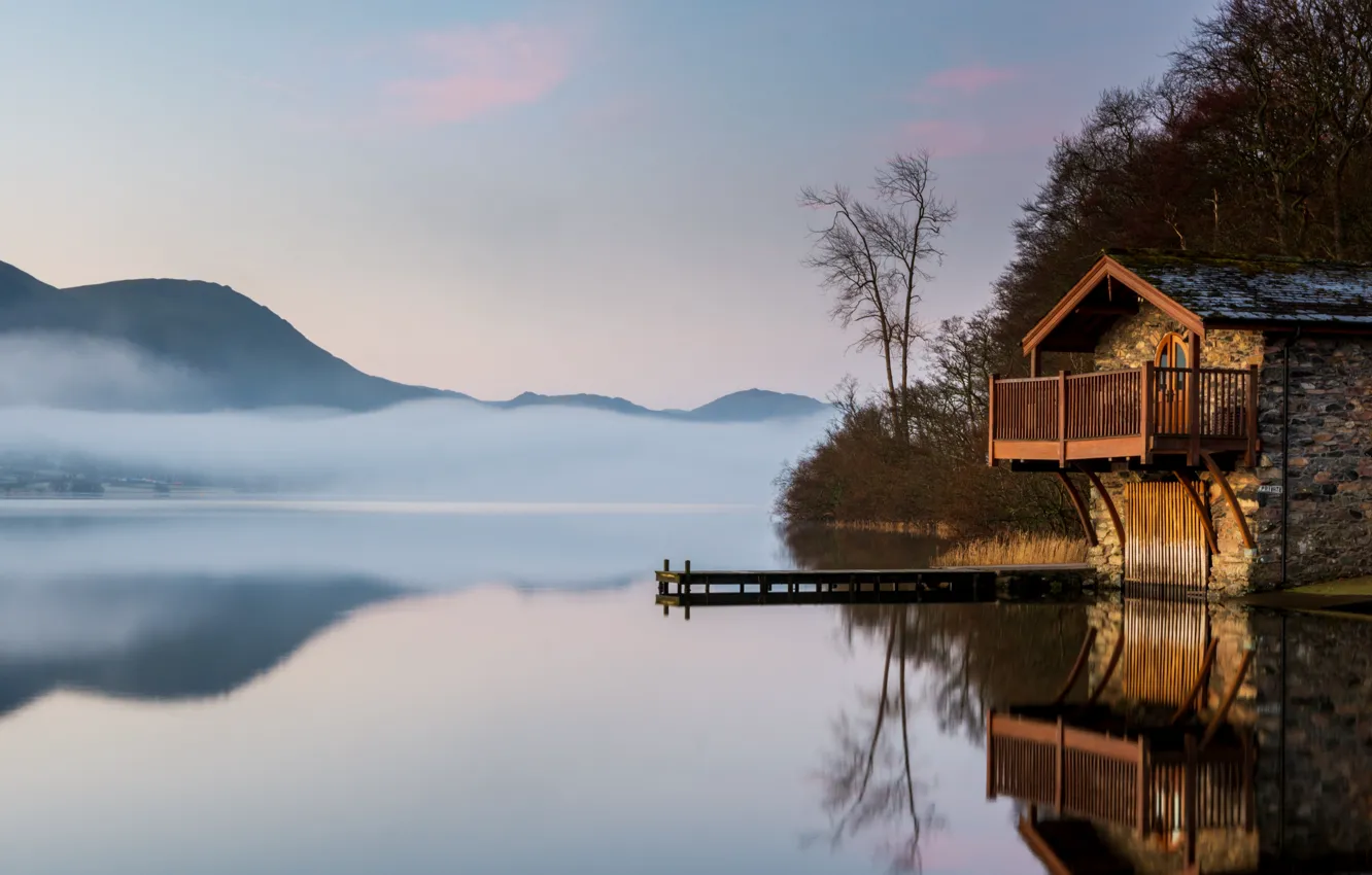 Photo wallpaper landscape, mountains, nature, lake, reflection, England, morning, house