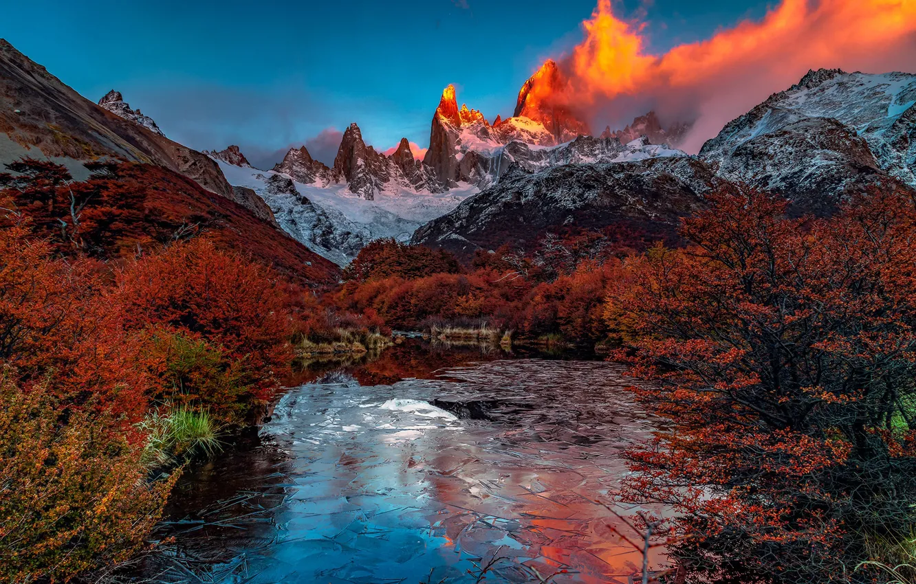 Photo wallpaper autumn, clouds, landscape, mountains, nature, lake, morning, Argentina
