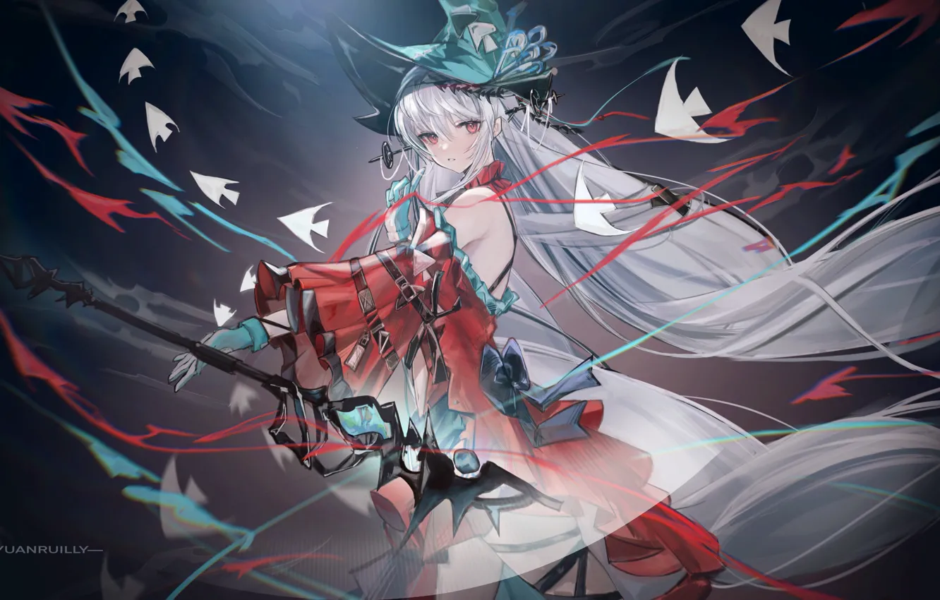 Photo wallpaper water, girl, fish, magic, Arknights, Skadi