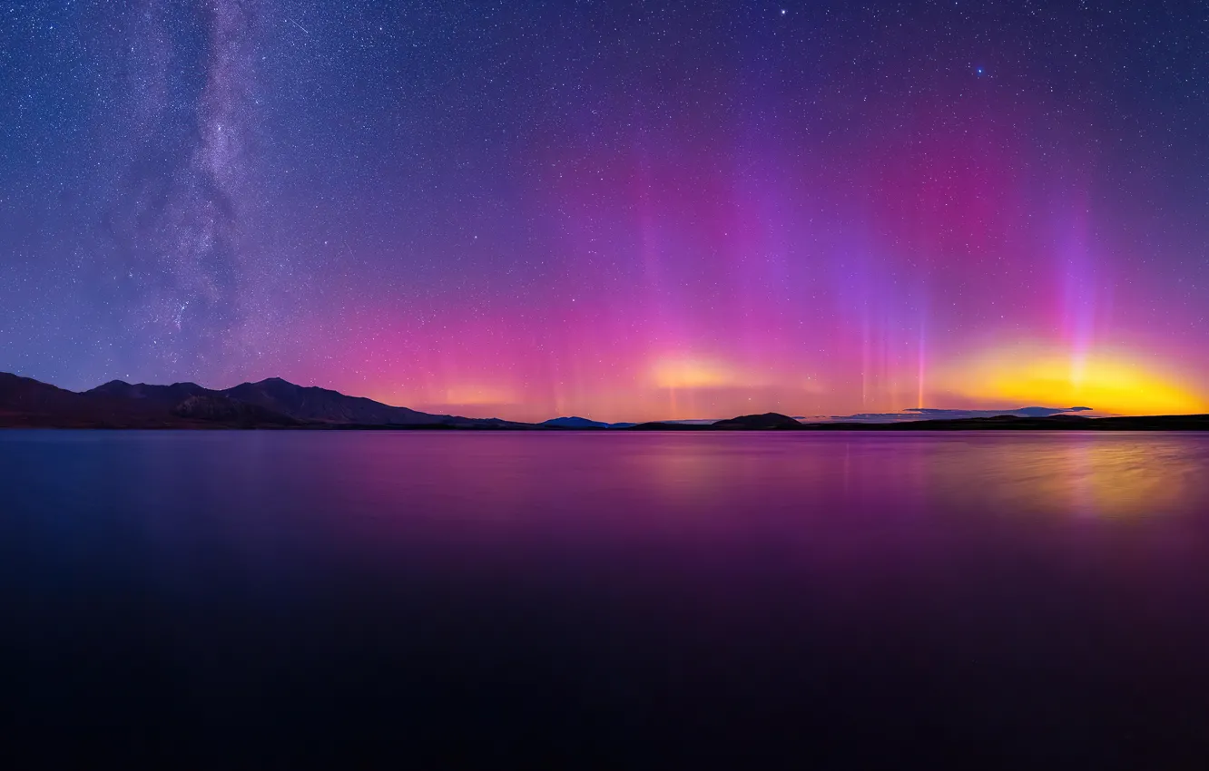 Photo wallpaper Aurora, sea, landscape, sunrise, shine