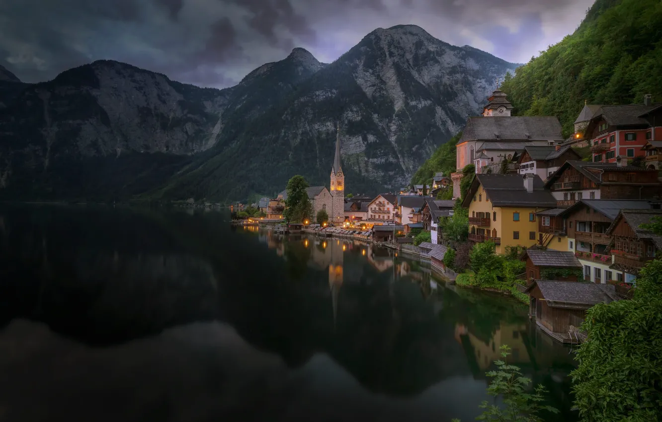 Photo wallpaper mountains, the city, lights, lake, reflection, shore, building, home