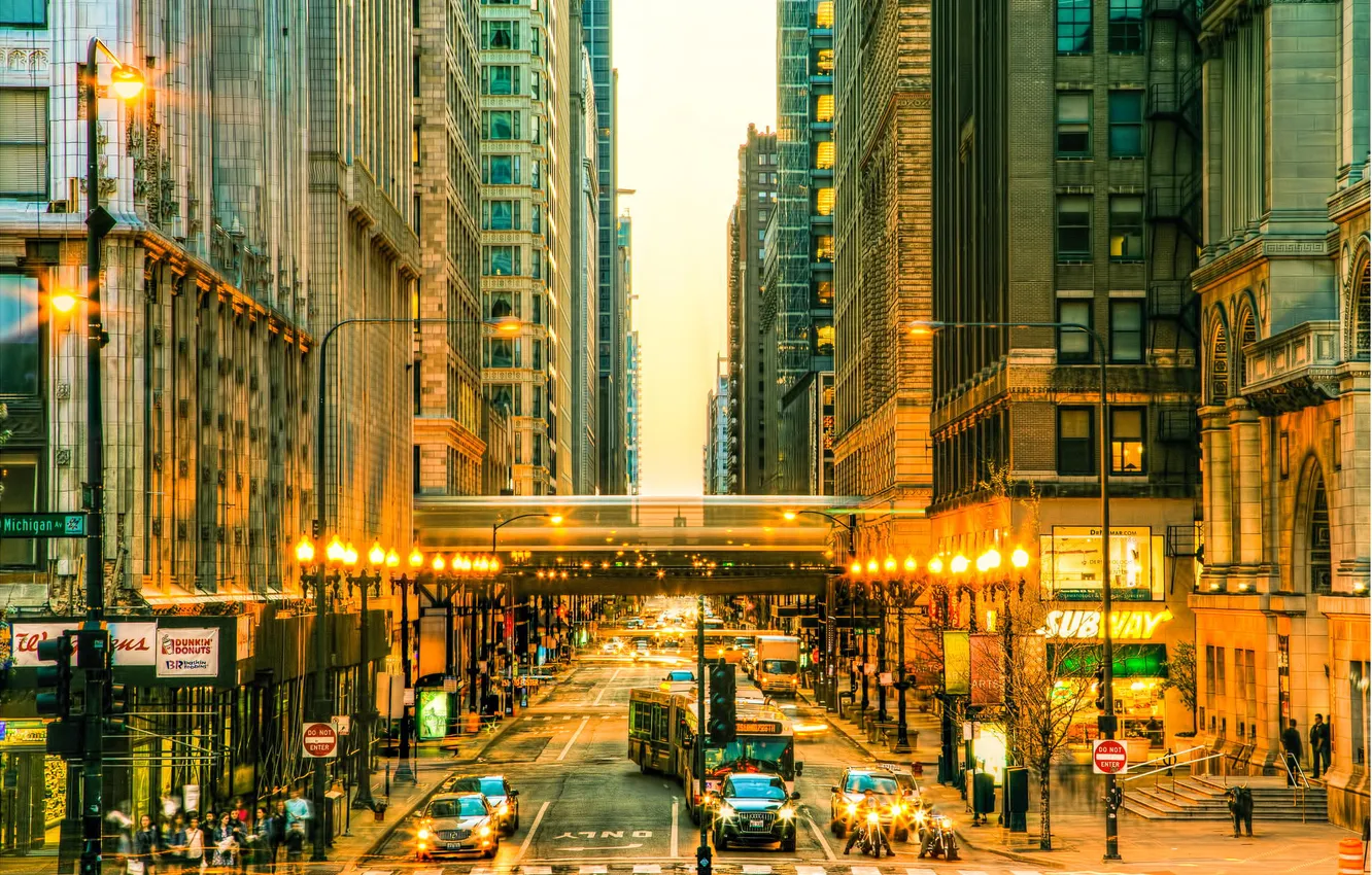 Photo wallpaper The evening, Lights, Street, People, Chicago, Lights, Movement, Skyscrapers