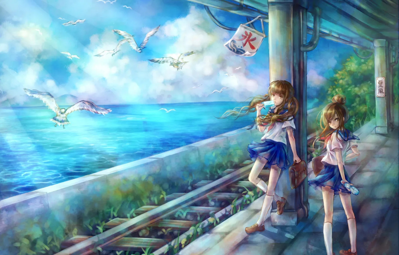 Photo wallpaper sea, girl, bird, rails, railway station