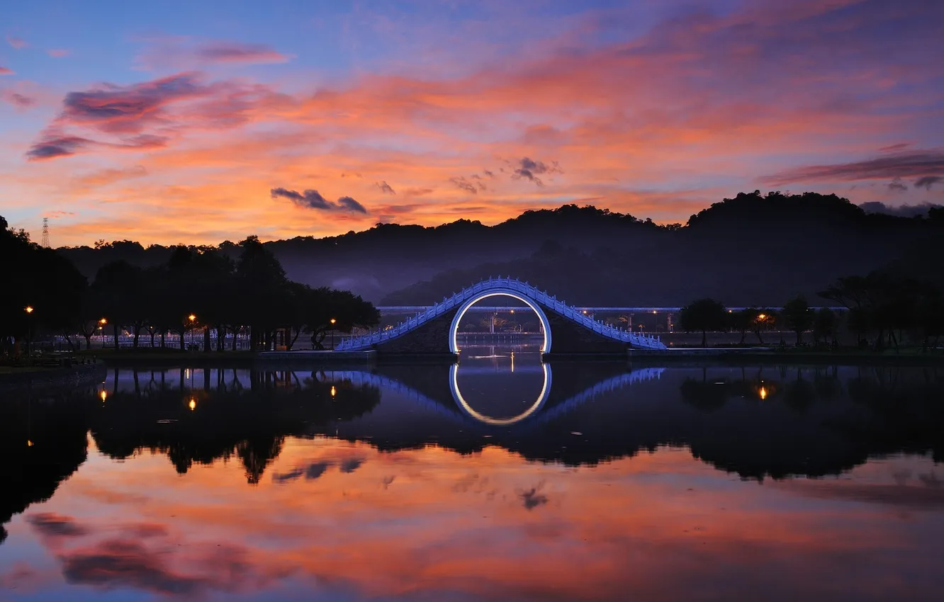 Photo wallpaper the sky, clouds, trees, landscape, sunset, lake, China, Taiwan