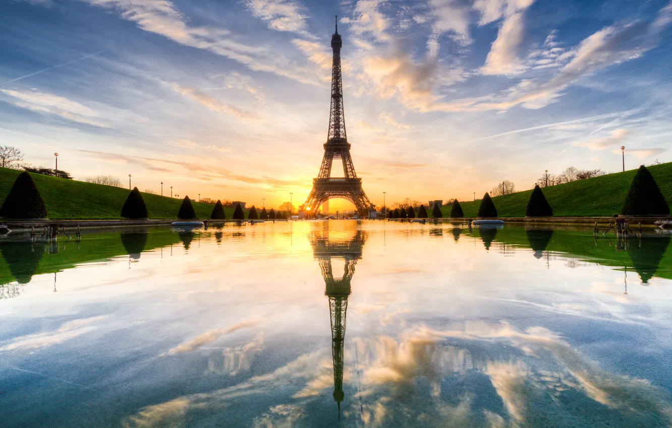 Photo wallpaper sunset, reflection, France, Paris, glow, Eiffel tower