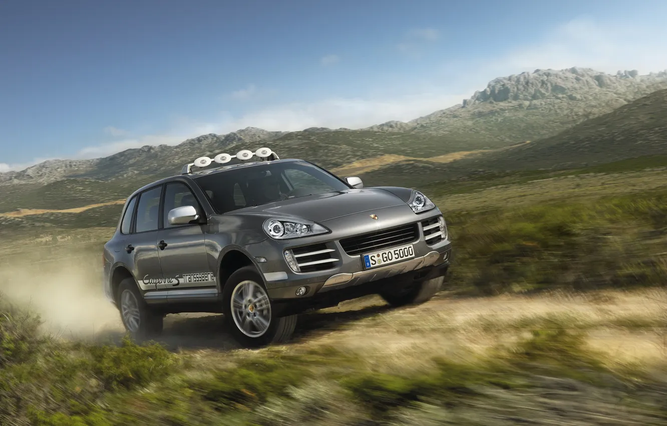 Photo wallpaper the sky, speed, plain, Porche, Cayenne S, Transsyberia