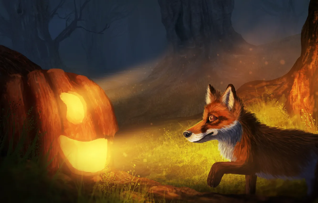 Photo wallpaper autumn, forest, night, Fox, Halloween, Jack, by CreeperMan0508