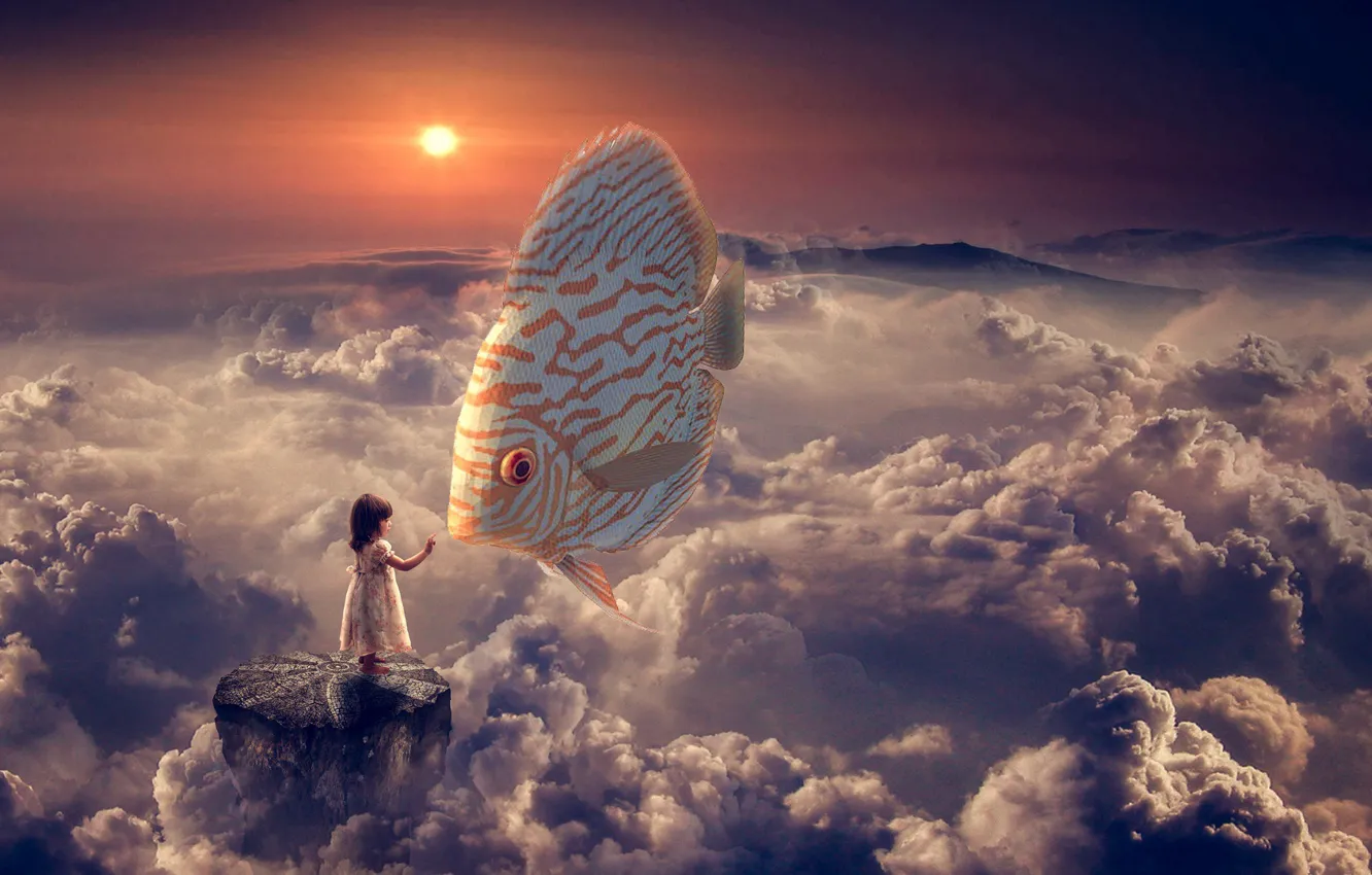 Photo wallpaper clouds, fish, girl