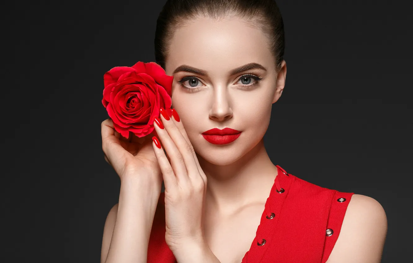 Photo wallpaper flower, girl, face, rose, portrait, makeup, red, model