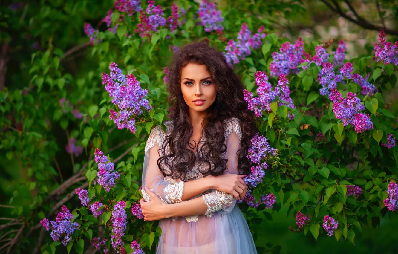 Photo wallpaper look, girl, nature, dress, curls, lilac, Olga Boyko
