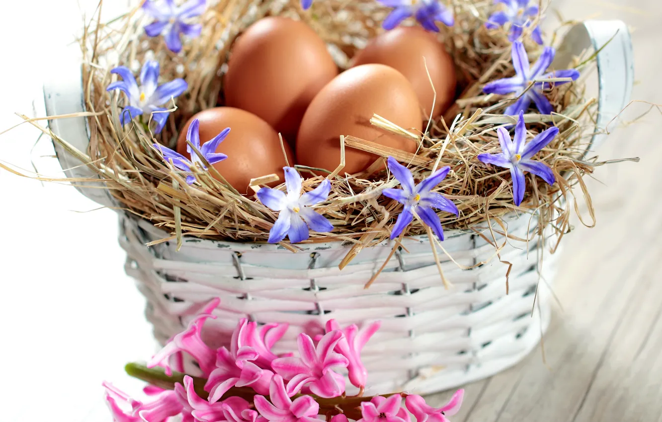 Photo wallpaper flowers, basket, eggs, spring, Easter, flowers, spring, eggs