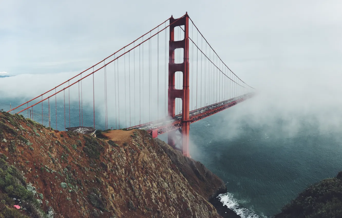 Photo wallpaper fog, rocks, shore, haze, San Francisco, Golden Gate Bridge, San Francisco, the Golden Gate bridge