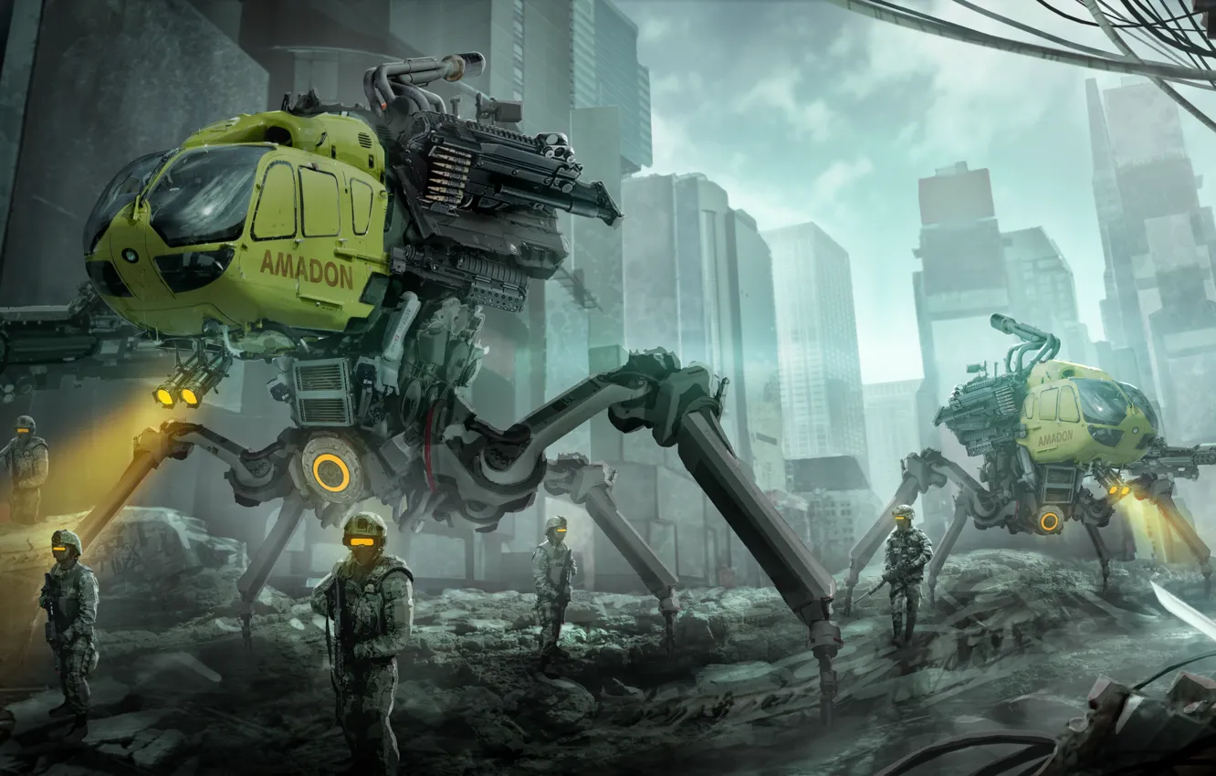 Photo wallpaper the city, fiction, art, soldiers, destruction