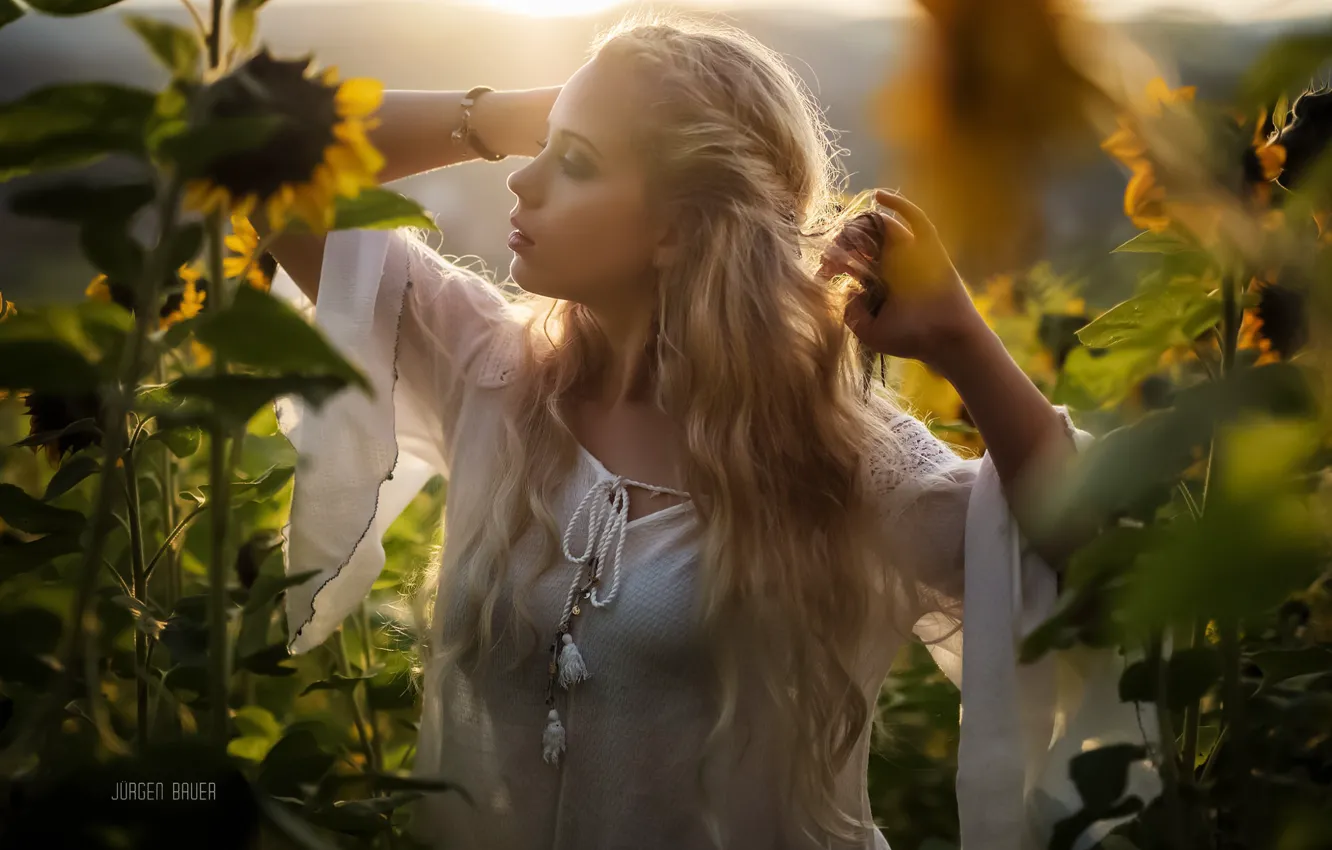Photo wallpaper the sun, sunflowers, model, portrait, makeup, dress, hairstyle, blonde