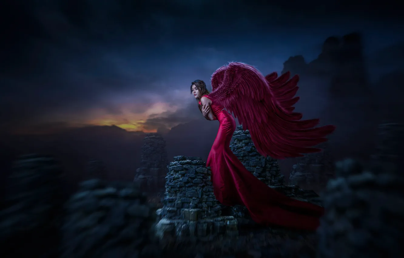 Photo wallpaper the sky, girl, night, red, pose, stones, wings, angel
