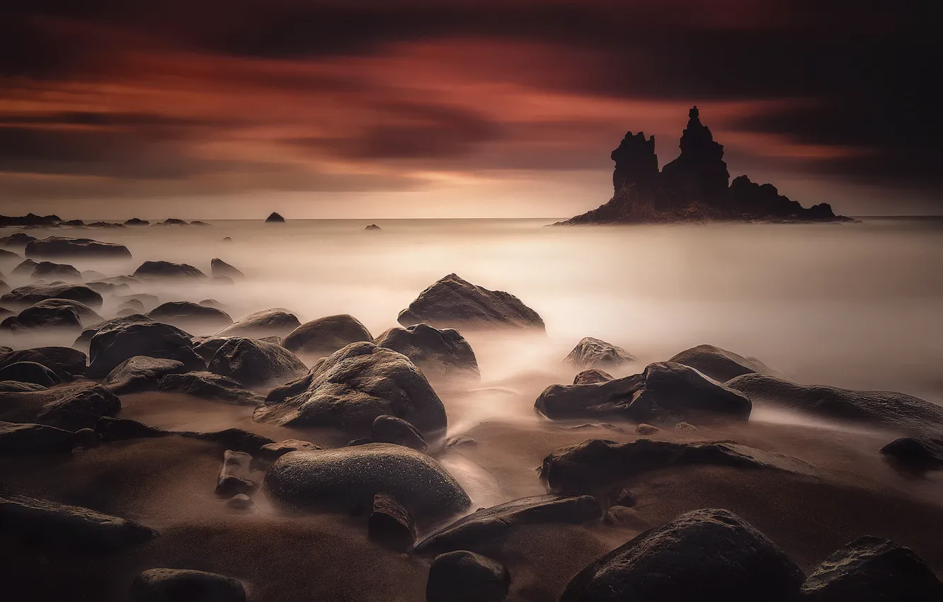 Photo wallpaper sand, sea, beach, the sky, stones, rocks