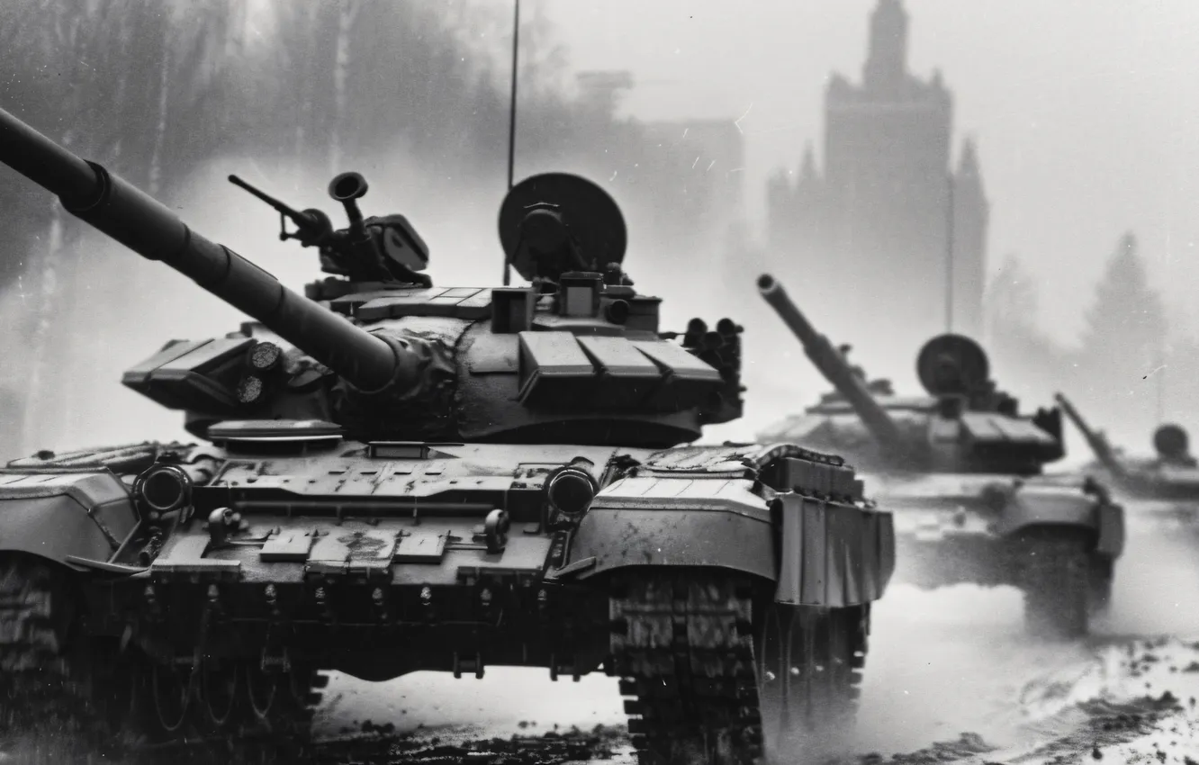 Photo wallpaper Home, Road, Dust, Smoke, Tanks, Digital art, Black and white, Column