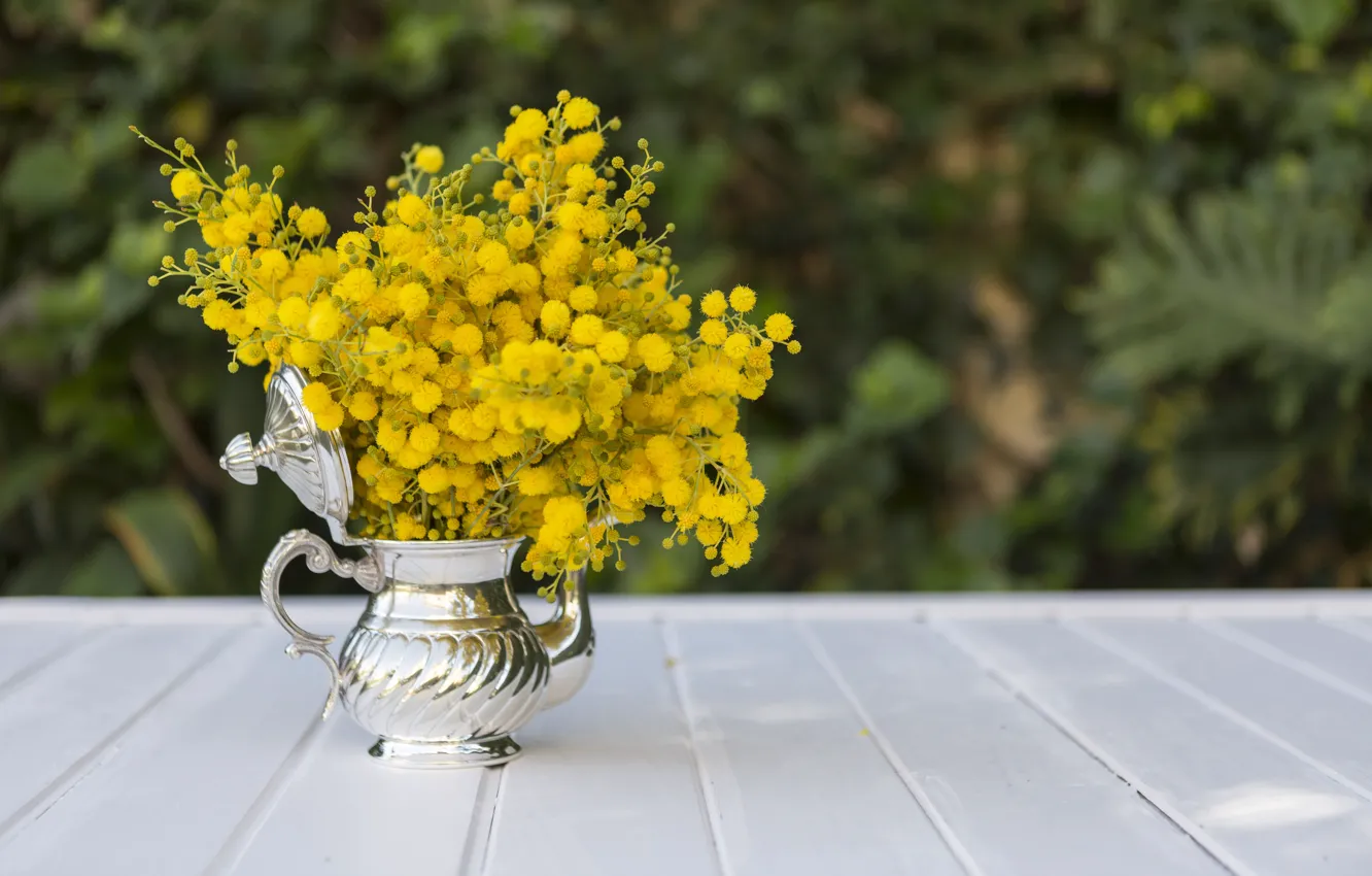 Photo wallpaper flowers, yellow, bouquet, kettle, Mimosa