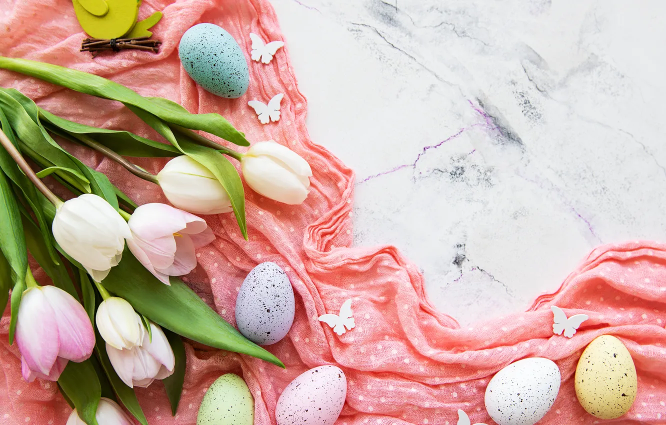 Photo wallpaper flowers, eggs, spring, colorful, Easter, tulips, pink, flowers