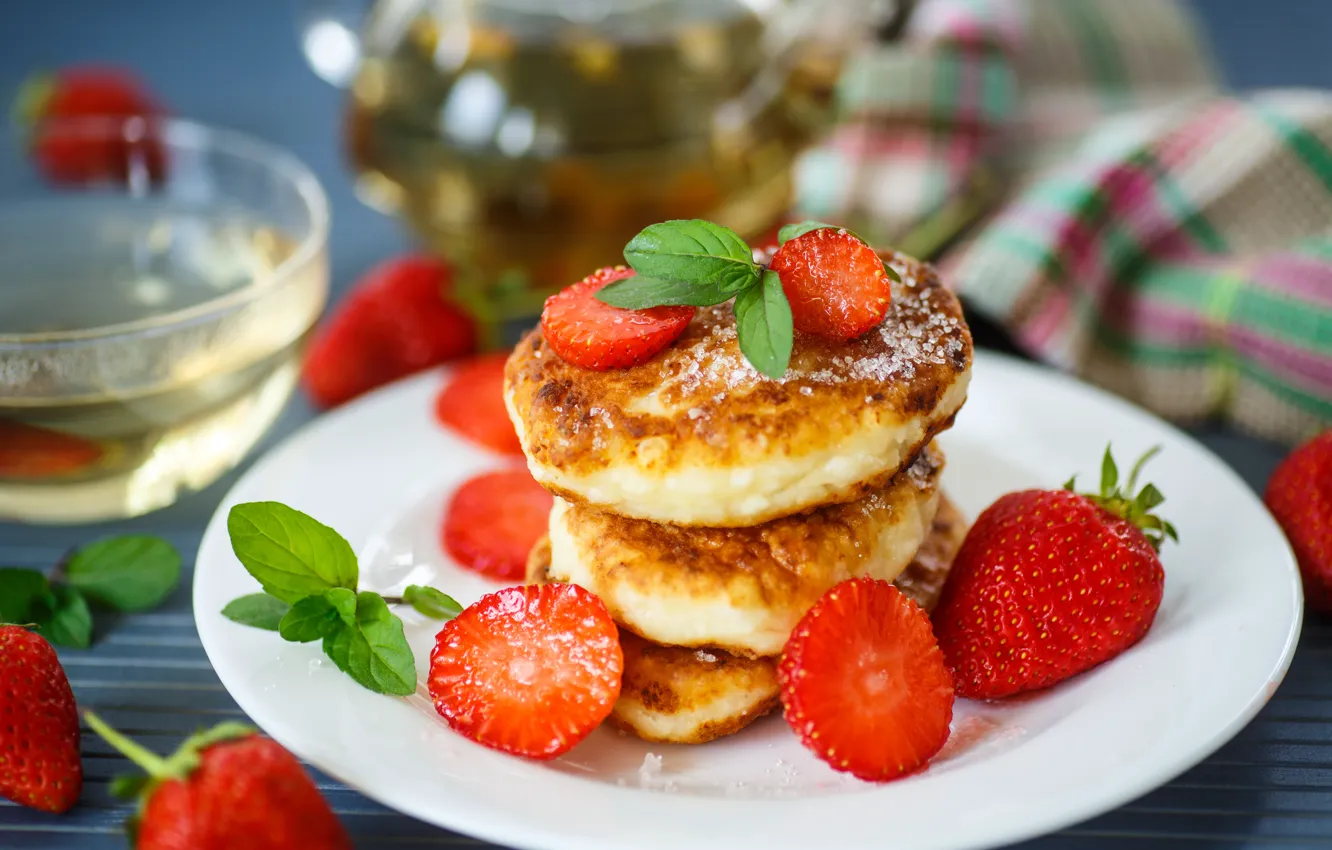 Photo wallpaper berries, Breakfast, strawberry, mint, cheese, cheesecakes