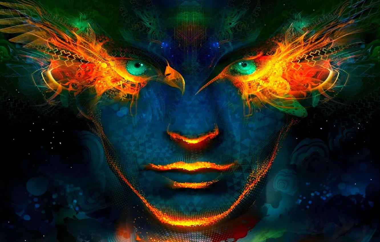 Photo wallpaper look, face, lights, lights, visualization, figures, green eyes, figure